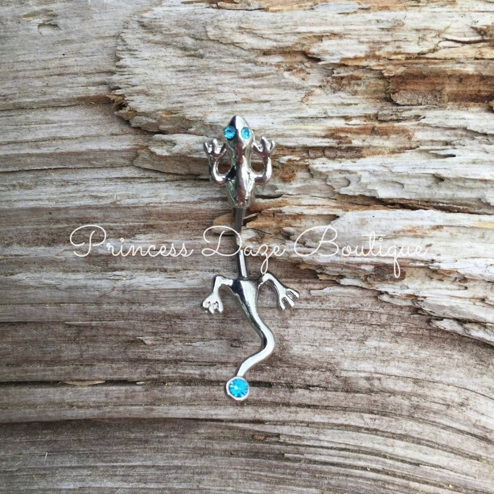 Silver Lizard Gecko Belly Button Ring Blue Rhinestone Body Jewelry